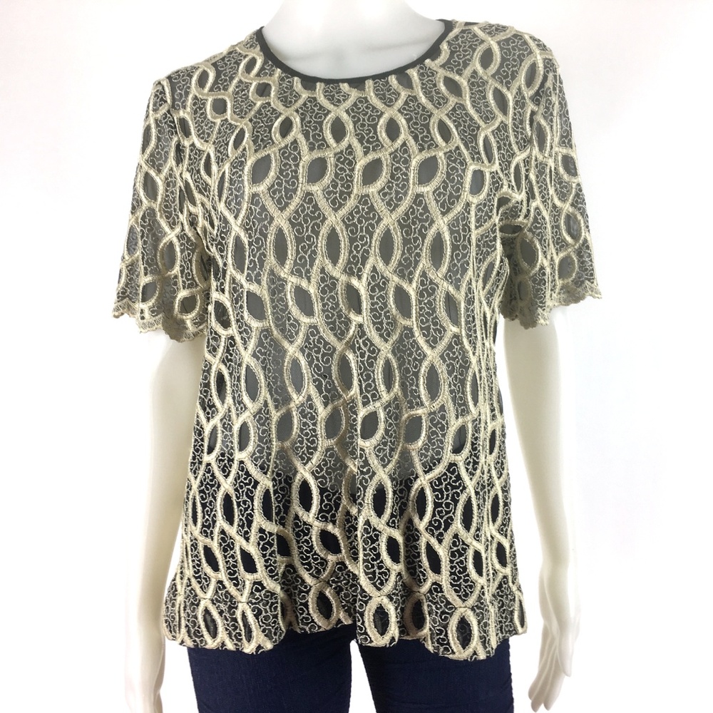 California Size XL Top Beige Black Sheer Top